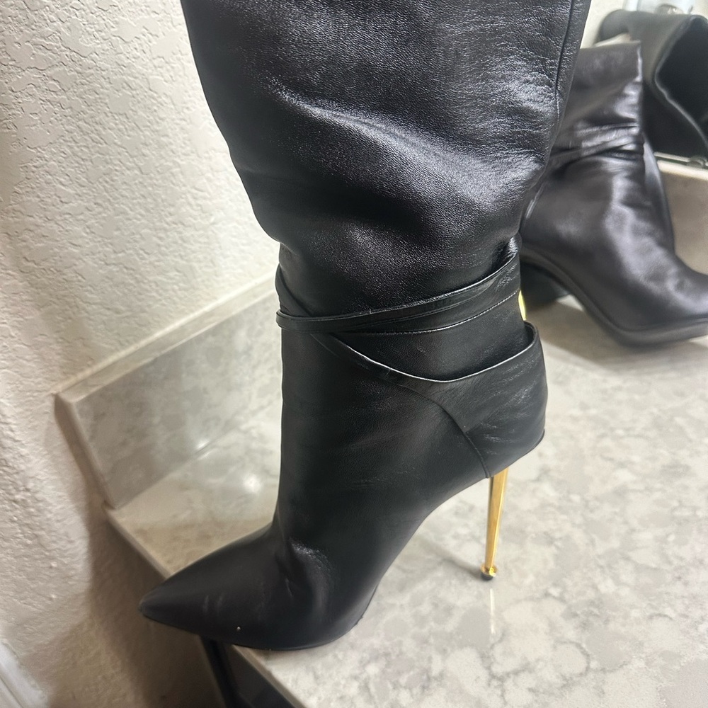 Padlock Pointed Toe Knee High Boot (Women) - Picture 12 of 12